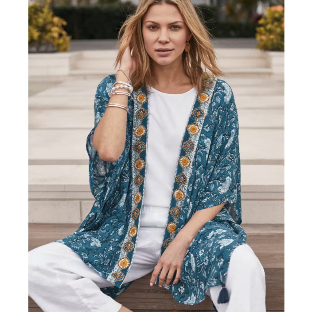 J. Jill Artisanal Embroidered Floral Print Ruana in Light Ocean Blue
